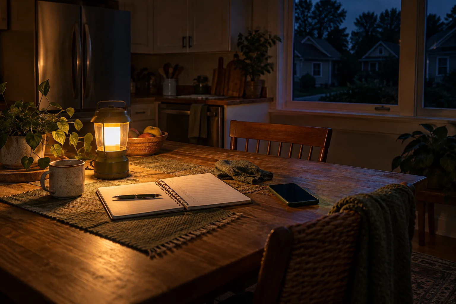 Illustrative kitchen lit by a lantern during an outage