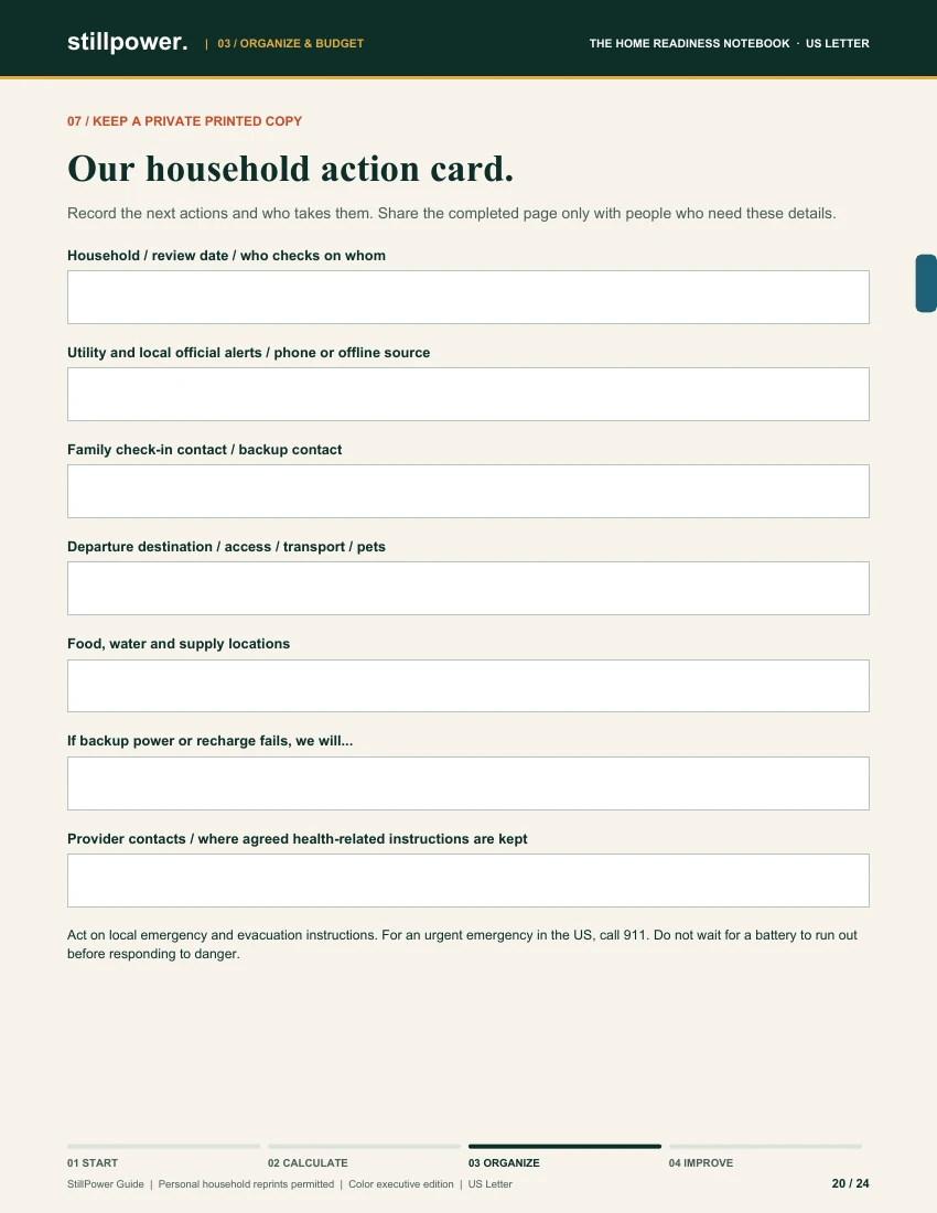Actual blank household action sheet from page 20 of the StillPower notebook