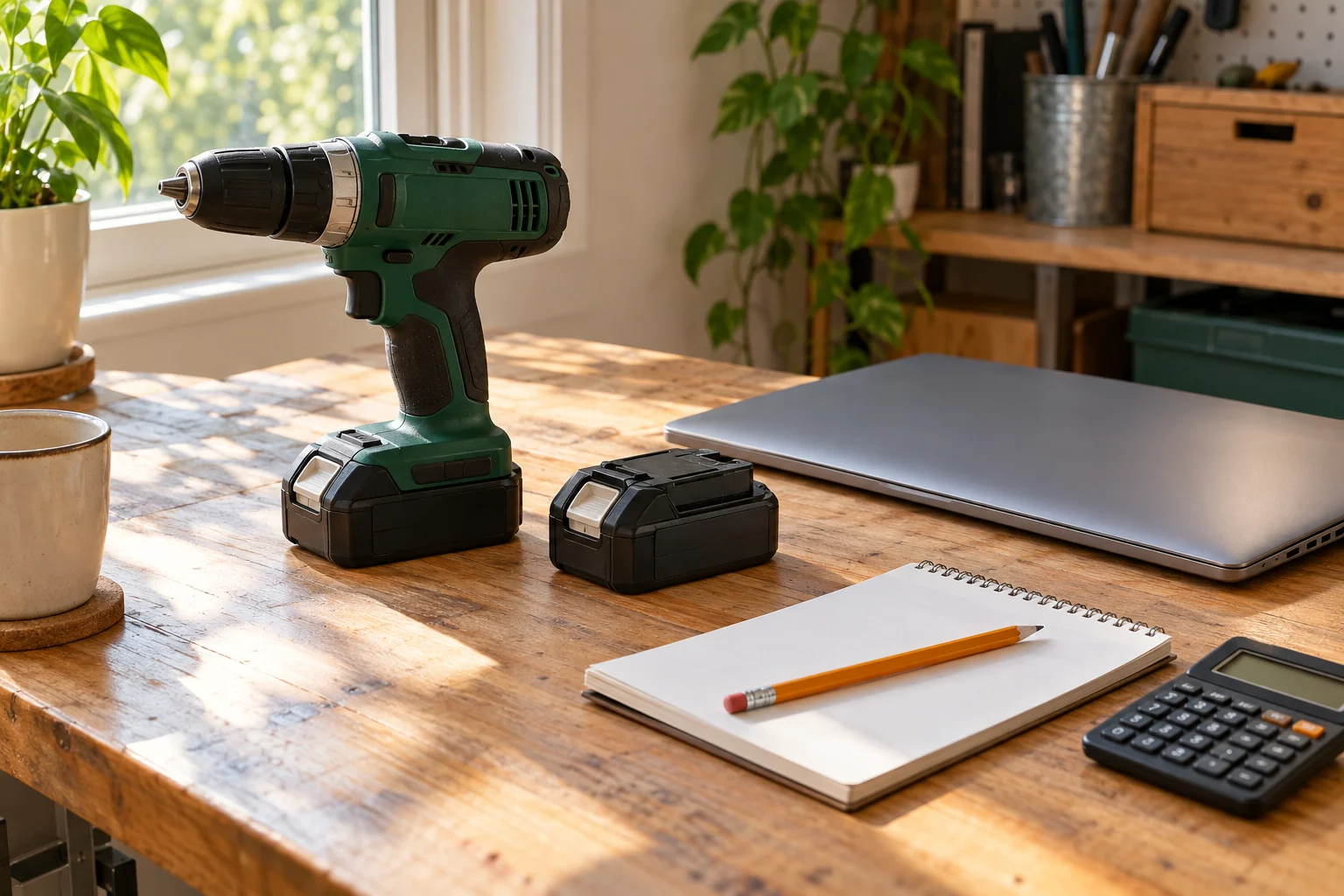 Illustrative cordless drill, enclosed battery pack and closed laptop beside a household budget notebook