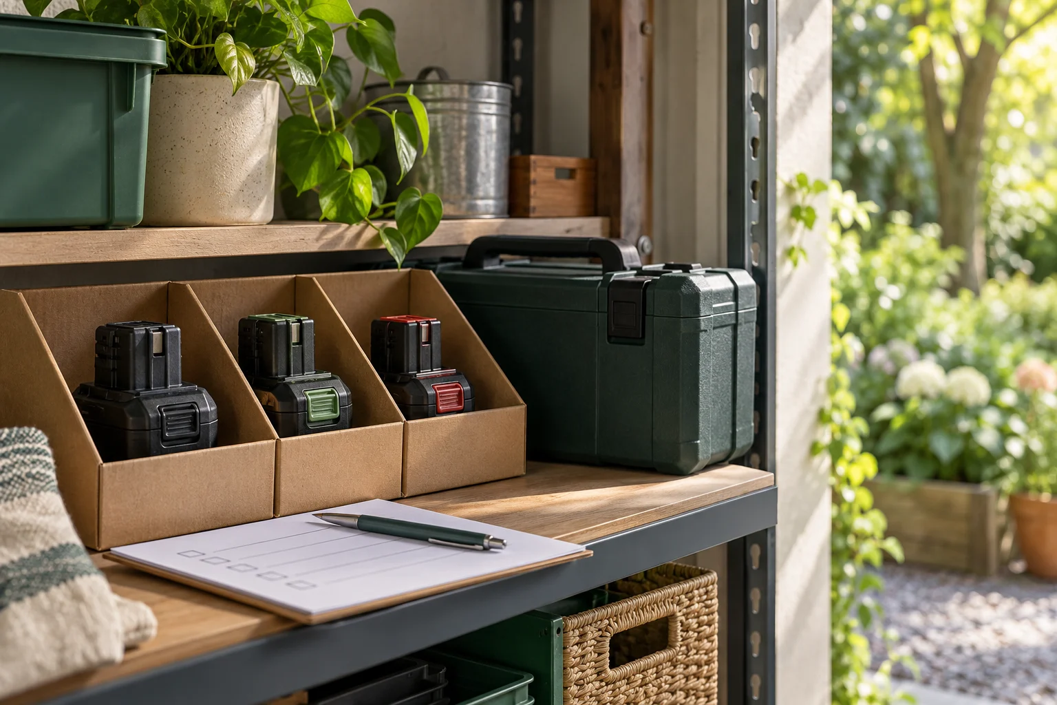 Illustrative enclosed tool batteries separated in individual cardboard compartments on a tidy garage shelf